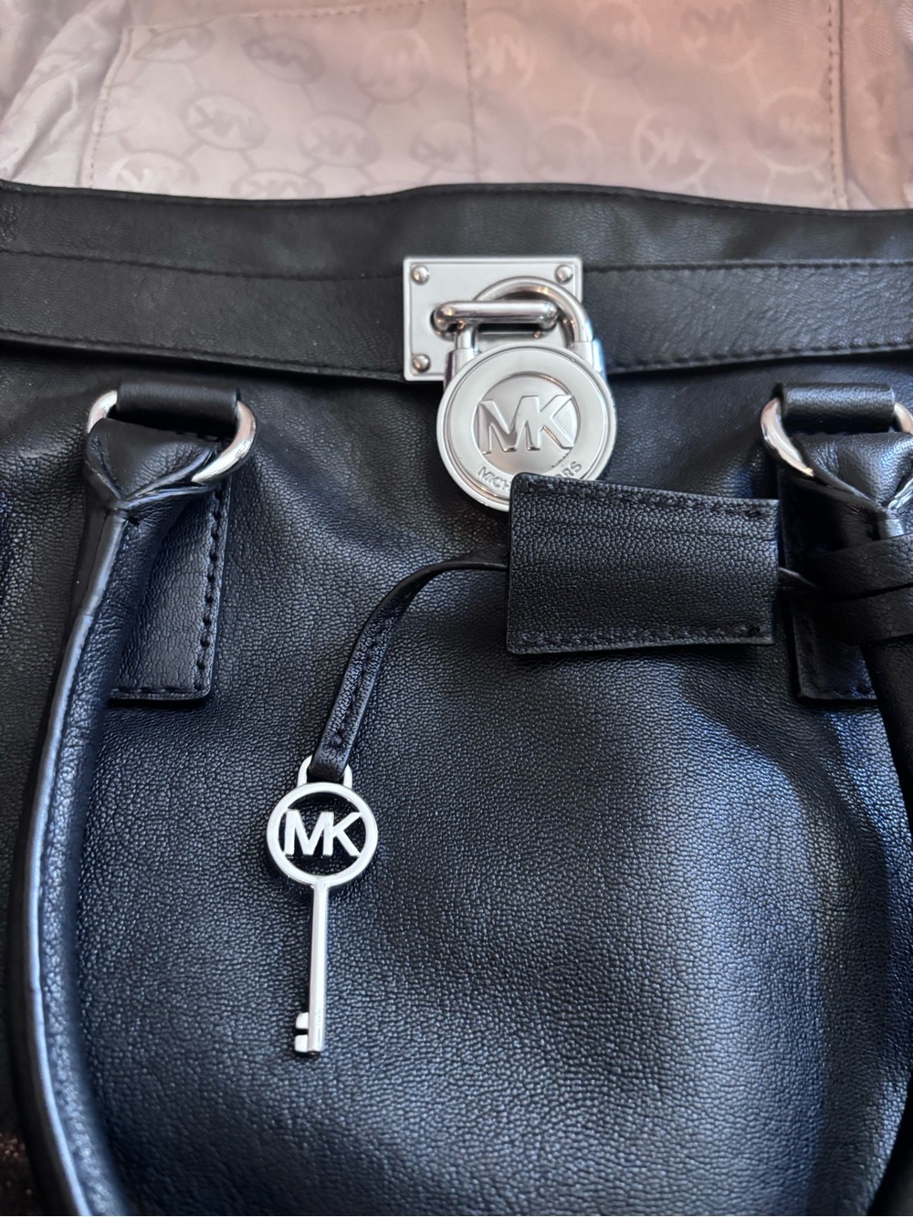 Michael Kors Hamilton Black Leather Tote with Silver MK Lock & Key
